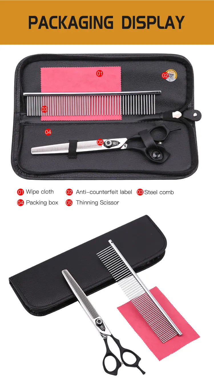 Fenice 7.0/7.5 inch Professional Pet Dog Grooming Thinning Scissors Black Handle Thinning Rate 35% Thinner Shears JP440C