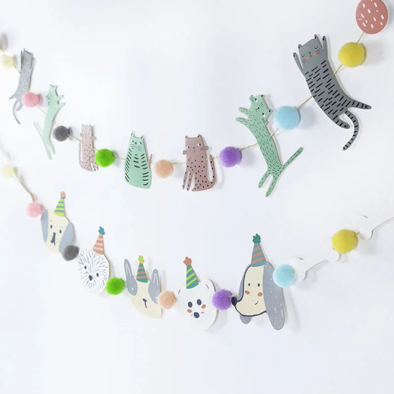 Cat Dog Pet Party Flag Garland Cartoon Happy Birthday Decoration Cute Dog And Cat Animal Paper Banner For DIY Pet Party Supplies