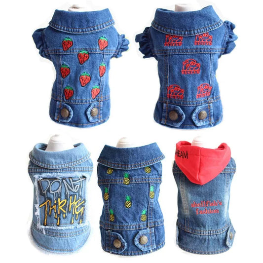 Denim Jacket for Small Dogs and Cats Fashion Pattern Denim Pet Clothes Cowboy Vest for Dachshund Bichon Spring Pet Apparel XL-XX