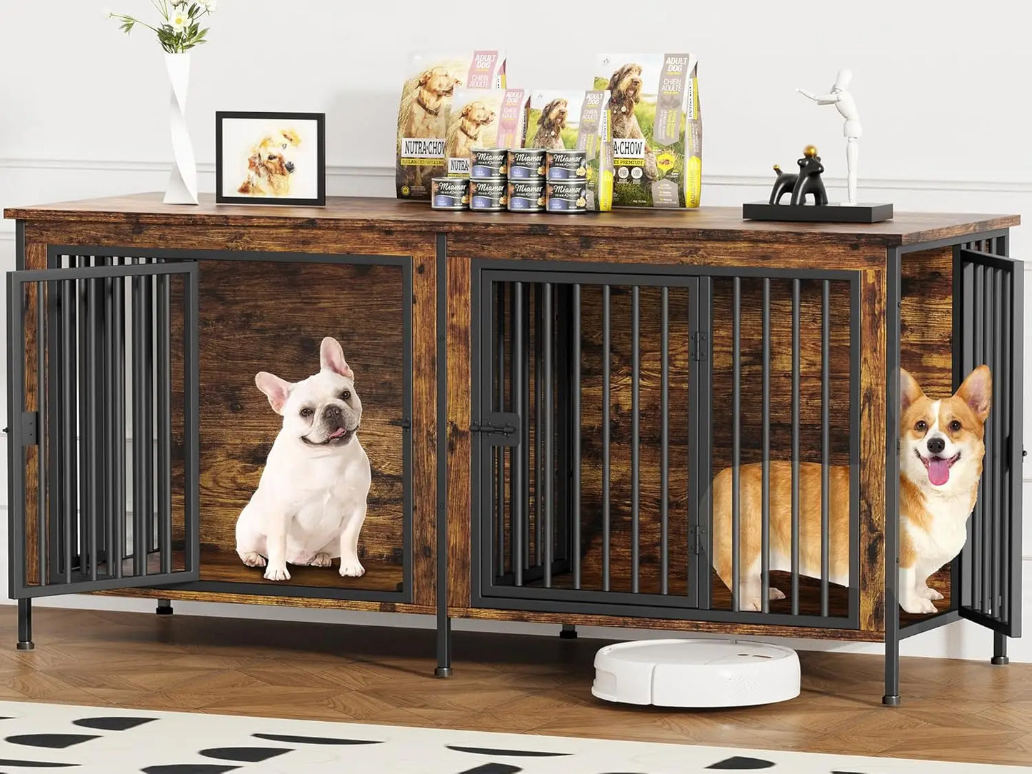 Dog Cage Furniture for 2 Dogs, Large Double Dog Crate Furniture Large Breed, Thick Wooden Dogs Crate Furniture TV Stand, Cages