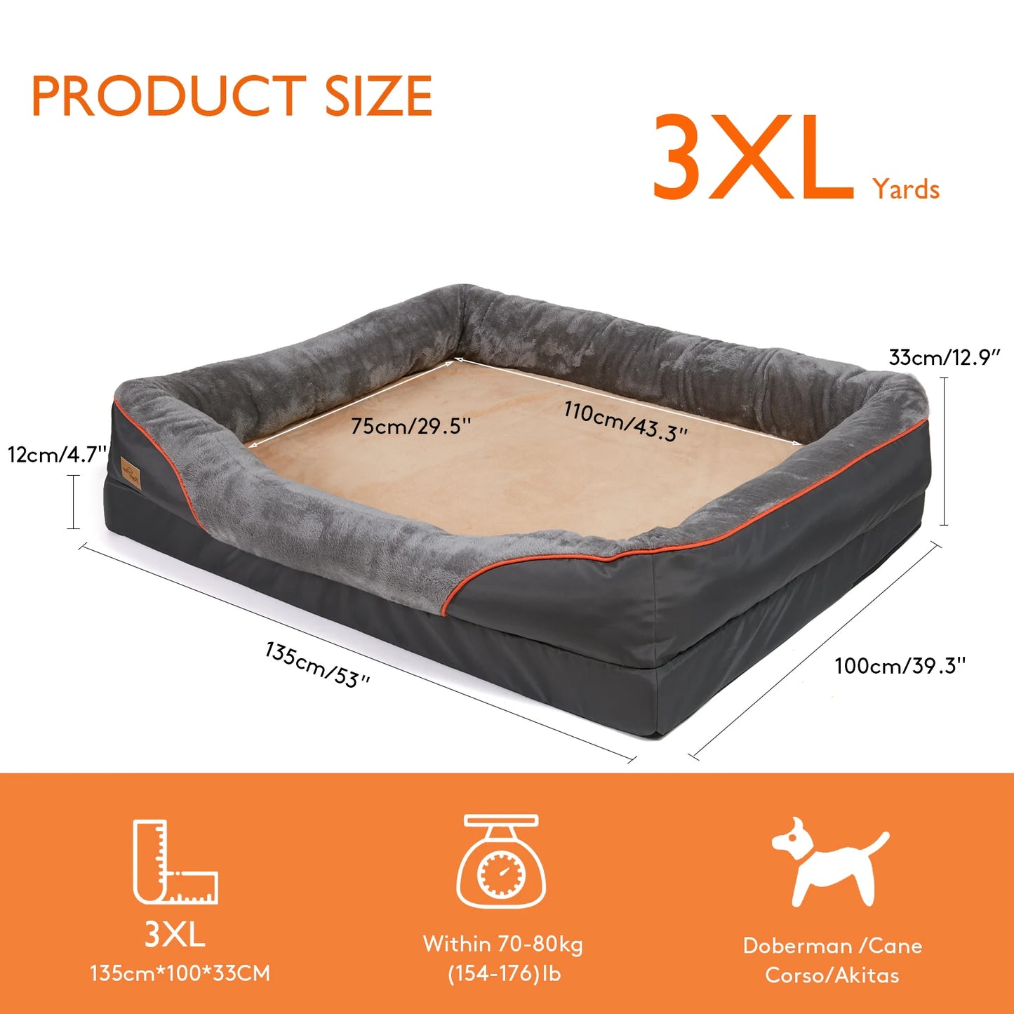 L-XXL Dog Bed Super Soft Orthopedic Foam Pet Bed Sleeping Mat with Cotton-padded Bolster and Removable Cover