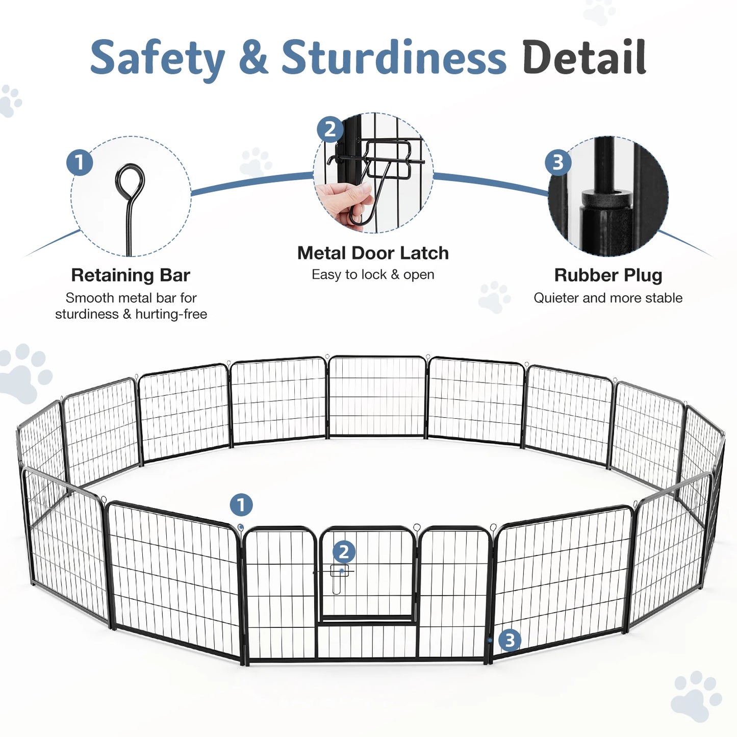 16 Panel Dog Playpen Indoor Pet Fence Exercise for Yard Gate Heavy Duty Crates with Doors Metal Dog Pen for Camping Outdoor