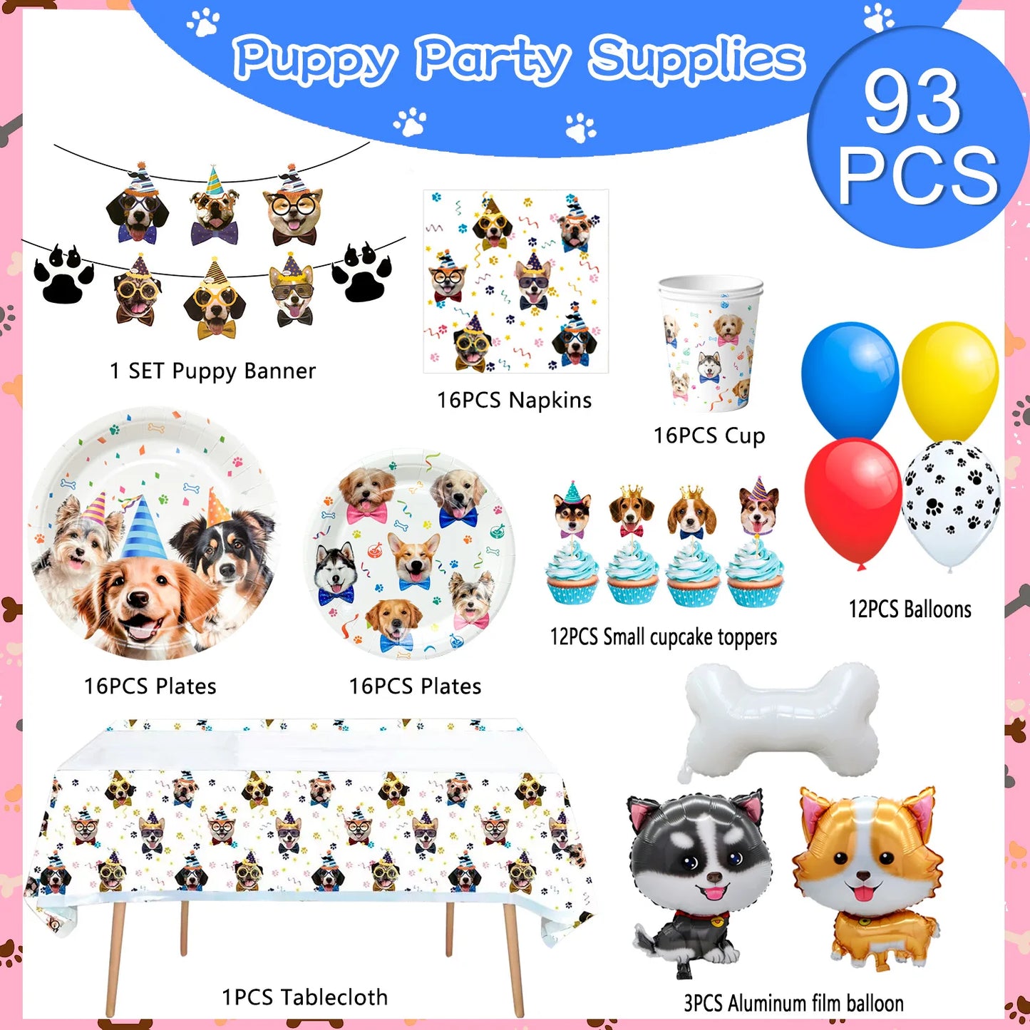 Puppy Dog Birthday Party Supplies,93pcs Decorations&Dog Birthday Party Tableware Set-Banner,Puppy Balloons Party Plates etc