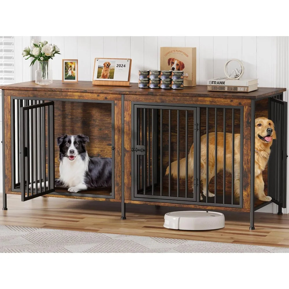 Dog Cage Furniture for 2 Dogs, Large Double Dog Crate Furniture Large Breed, Thick Wooden Dogs Crate Furniture TV Stand, Cages