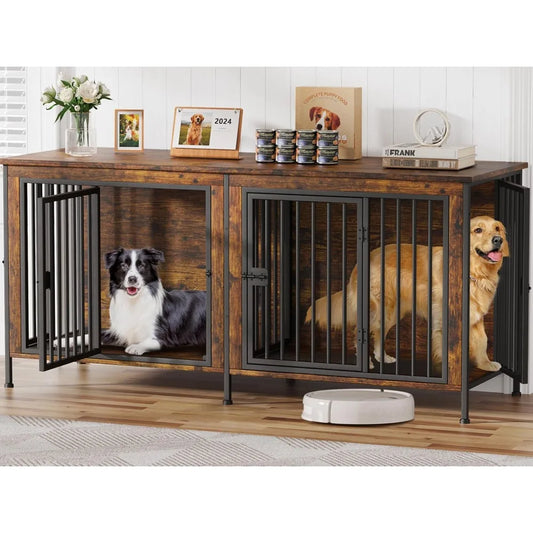 Dog Cage Furniture for 2 Dogs, Large Double Dog Crate Furniture Large Breed, Thick Wooden Dogs Crate Furniture TV Stand, Cages