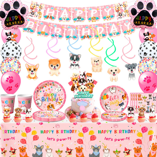 Puppy Birthday Decorations,99pcs Decorations&Pink Dog Tableware Set- Plates Cups Napkins&Birthday Banner Balloons Cupcake etc