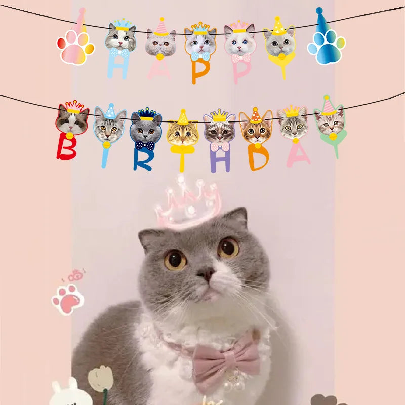 Cat Dog Pet Party Flag Garland Cartoon Happy Birthday Decoration Cute Dog And Cat Animal Paper Banner For DIY Pet Party Supplies