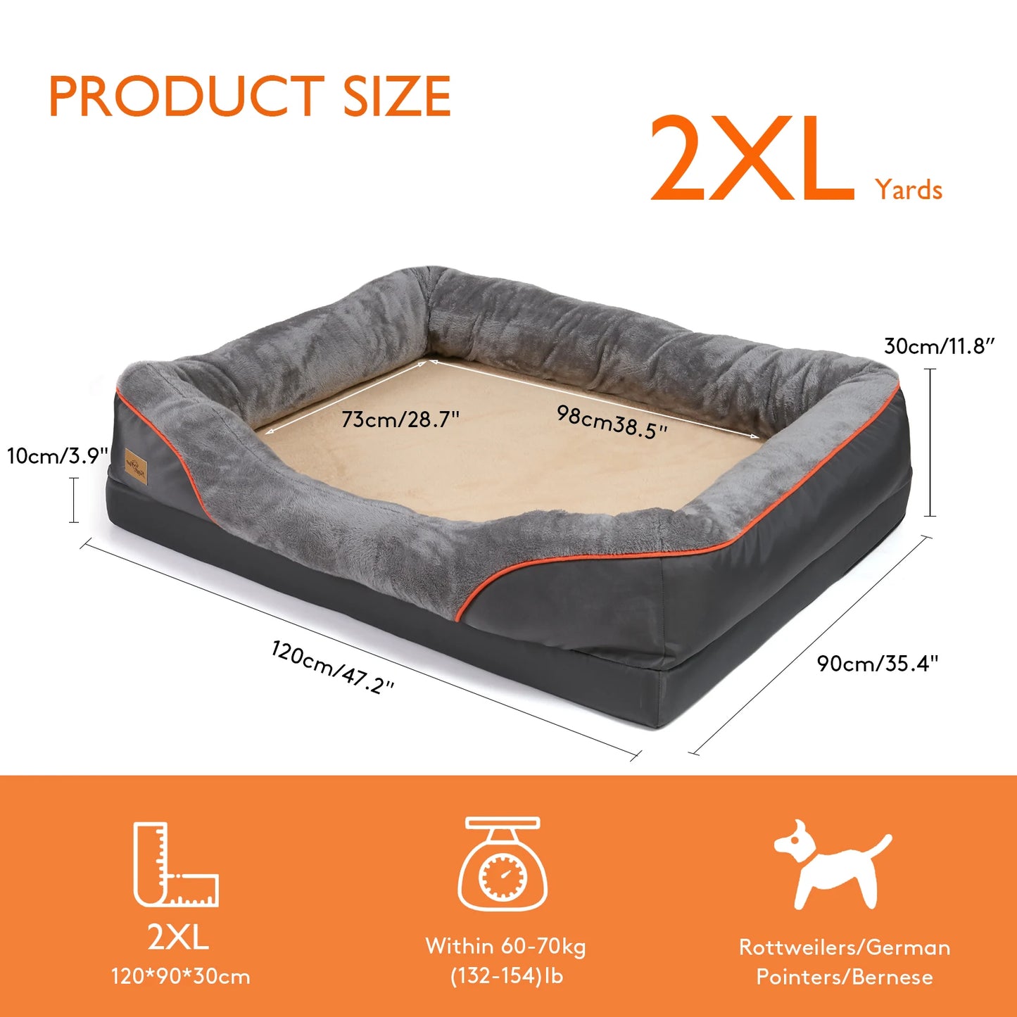 L-XXL Dog Bed Super Soft Orthopedic Foam Pet Bed Sleeping Mat with Cotton-padded Bolster and Removable Cover