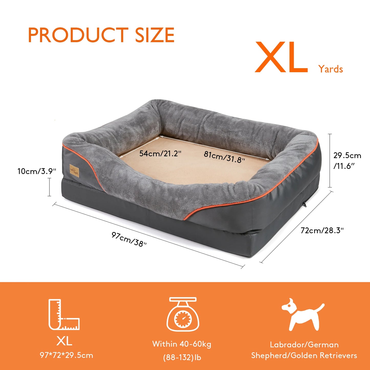 L-XXL Dog Bed Super Soft Orthopedic Foam Pet Bed Sleeping Mat with Cotton-padded Bolster and Removable Cover