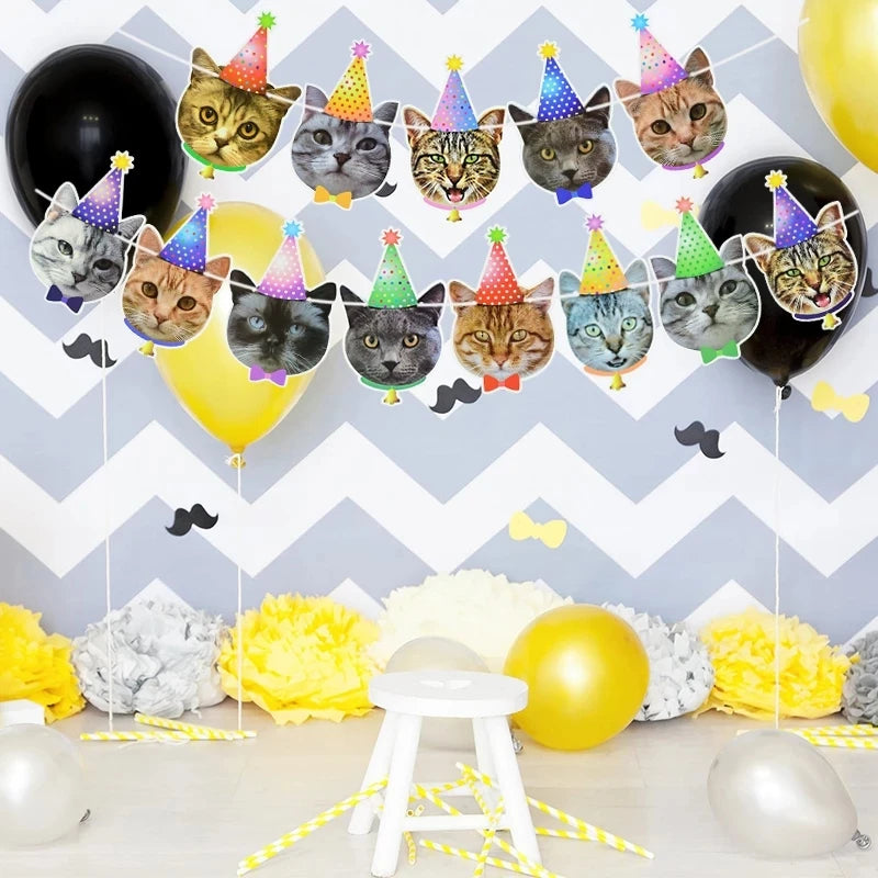 Cat Dog Pet Party Flag Garland Cartoon Happy Birthday Decoration Cute Dog And Cat Animal Paper Banner For DIY Pet Party Supplies