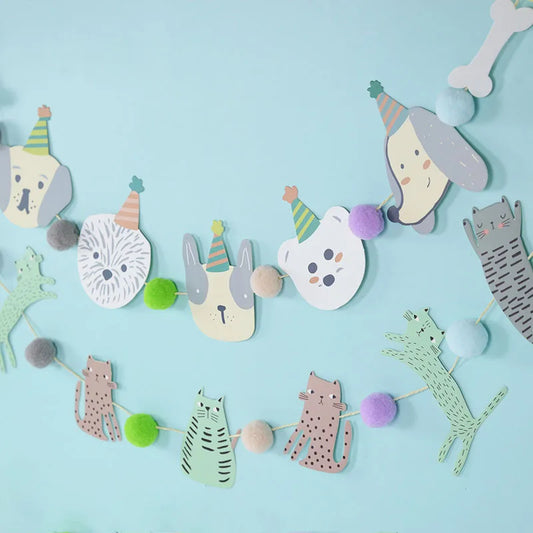 Cat Dog Pet Party Flag Garland Cartoon Happy Birthday Decoration Cute Dog And Cat Animal Paper Banner For DIY Pet Party Supplies