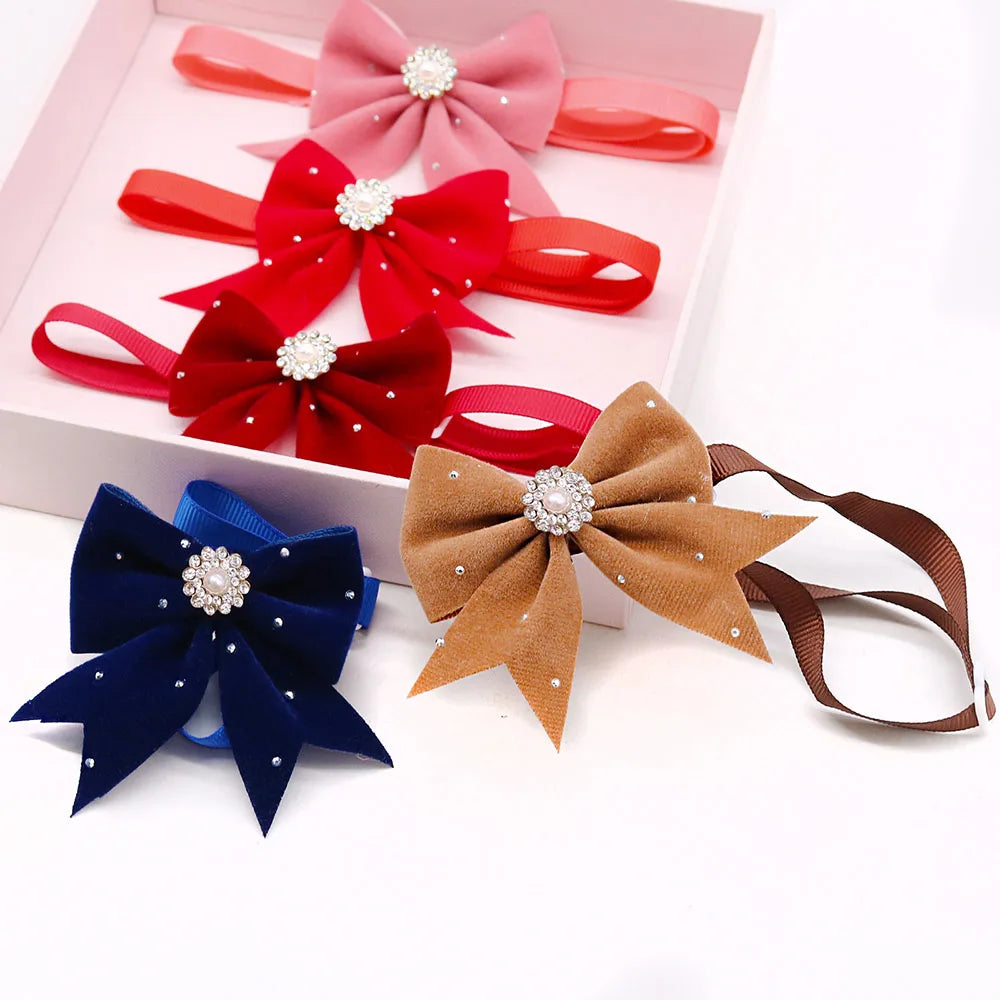 30PCS Dog Bow Handmade Adjustable Necktie Pet Collars with Pearl Drill For Dogs and Cats Cute Pet Grooming Accessories