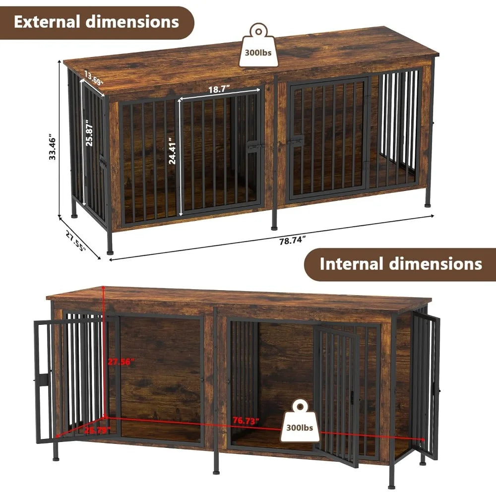 Dog Cage Furniture for 2 Dogs, Large Double Dog Crate Furniture Large Breed, Thick Wooden Dogs Crate Furniture TV Stand, Cages