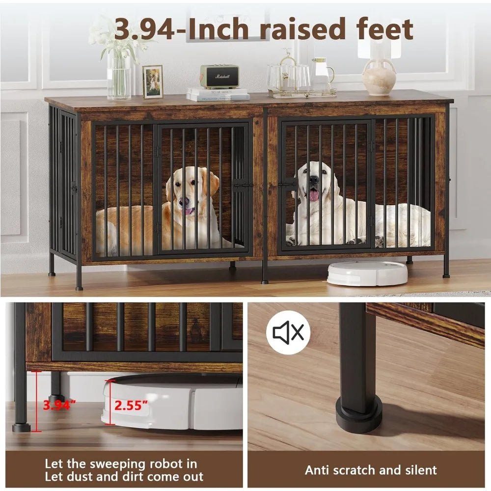 Dog Cage Furniture for 2 Dogs, Large Double Dog Crate Furniture Large Breed, Thick Wooden Dogs Crate Furniture TV Stand, Cages