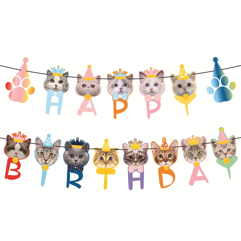 Cat Dog Pet Party Flag Garland Cartoon Happy Birthday Decoration Cute Dog And Cat Animal Paper Banner For DIY Pet Party Supplies