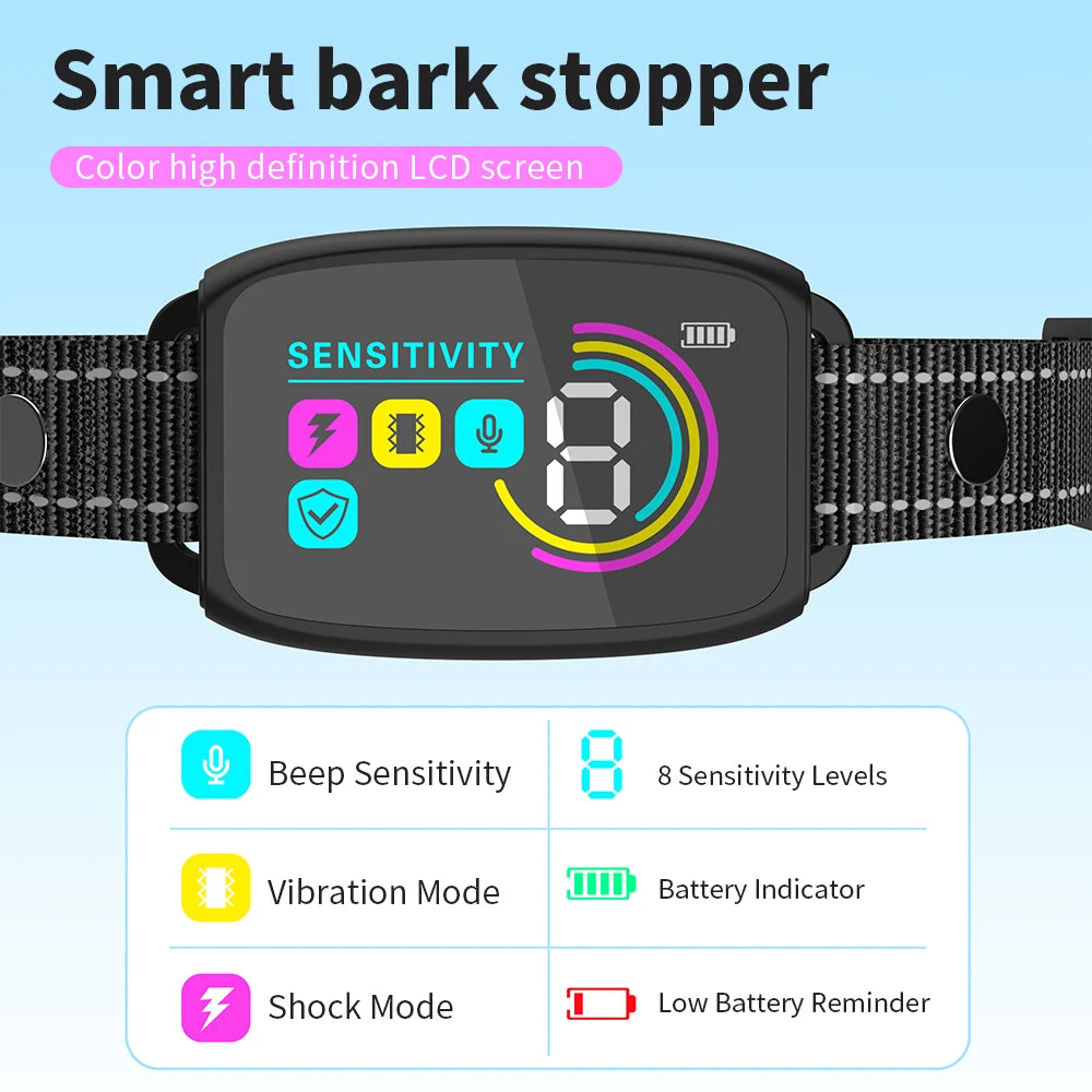 Automatic Anti Barking Dog Collar HD Digital Rechargeable Bark Stopper Smart Stop Barking IP67 Waterproof Collar For Dog