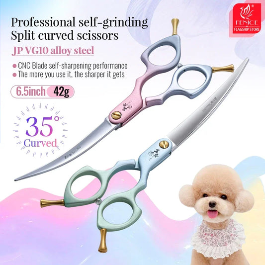 Fenice Professional Colourful 6.5/7.0 Inch JP VG10 Steel Dog Grooming Shears 35° Curved Scissors with High Quality Alloy Handle
