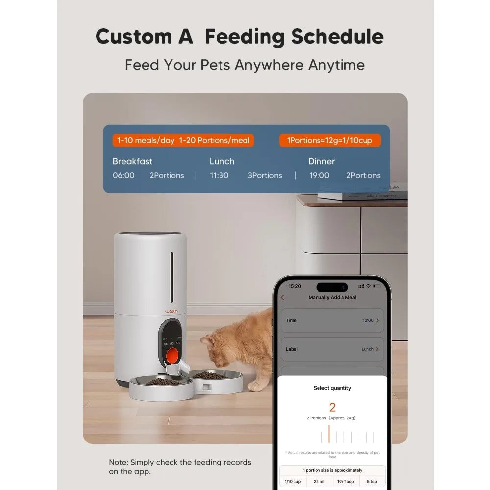 Automatic Cat Feeder, 5G WiFi Pet Feeder for Two Cats or Dogs with Remote Control, 6L Cat Food Dispenser with Low Food Sensor